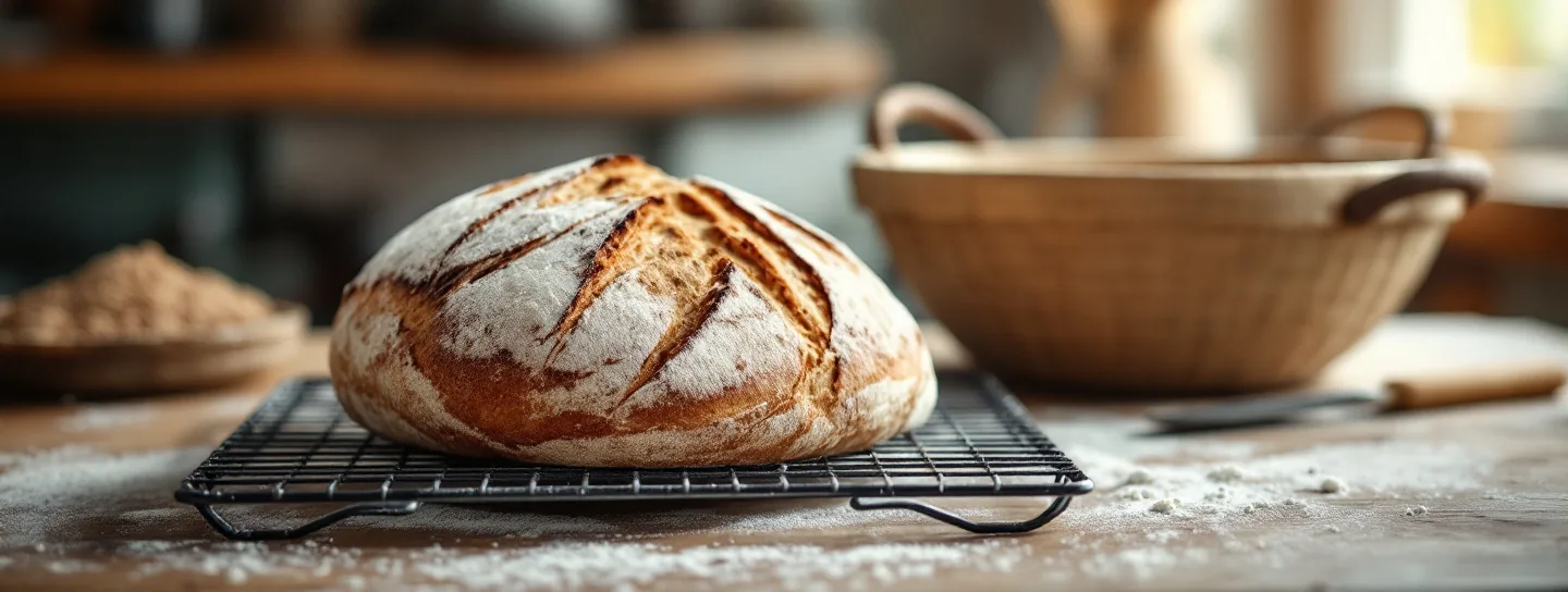 Frisch gebackenes Sauerteigbrot mit aufgerissener Kruste neben einem Gärkorb