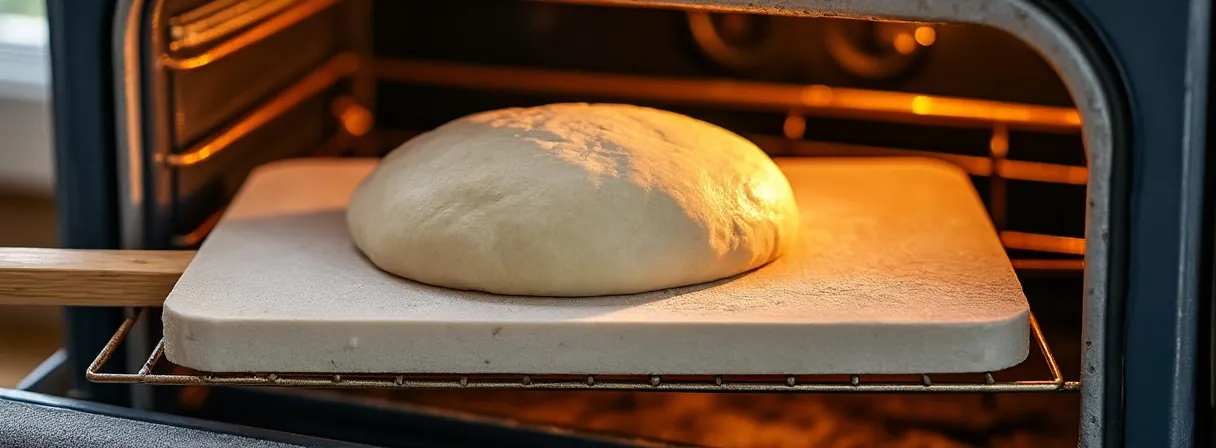 Heller Backstein im Backofen mit einem rohen runden Teigling darauf