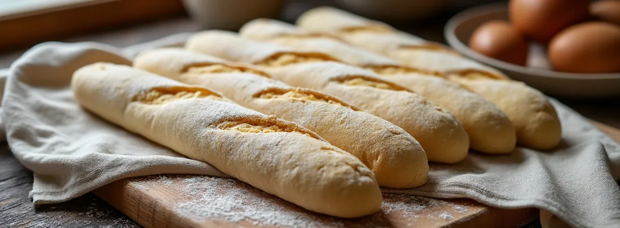 Rohe Baguette-Teiglinge liegen nebeneinander auf einem bemehlten Bäckerleinen