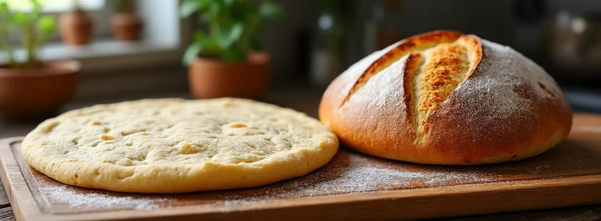 Flach breitgelaufenes Brot neben einem hoch aufgegangenen runden Laib auf einem Holzbrett