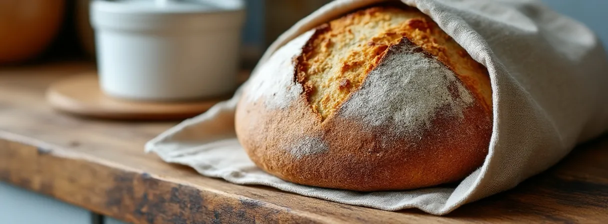 Rundes Sauerteigbrot halb in einen Leinenbeutel eingeschlagen