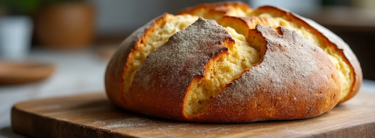 Rundes Brot mit unregelmäßig aufgerissener Kruste auf einem Holzbrett