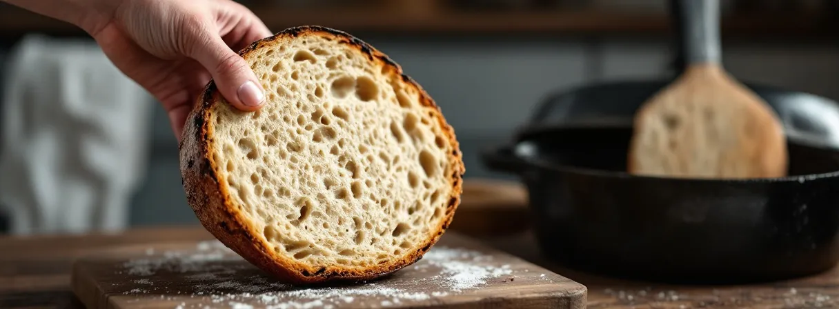 Angeschnittenes Brot mit sehr dunkler, stellenweise verkohlter Kruste vor einem Gusseisentopf