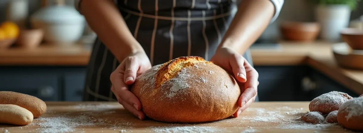 Hände halten ein frisch gebackenes rundes Brot über einer bemehlten Arbeitsfläche