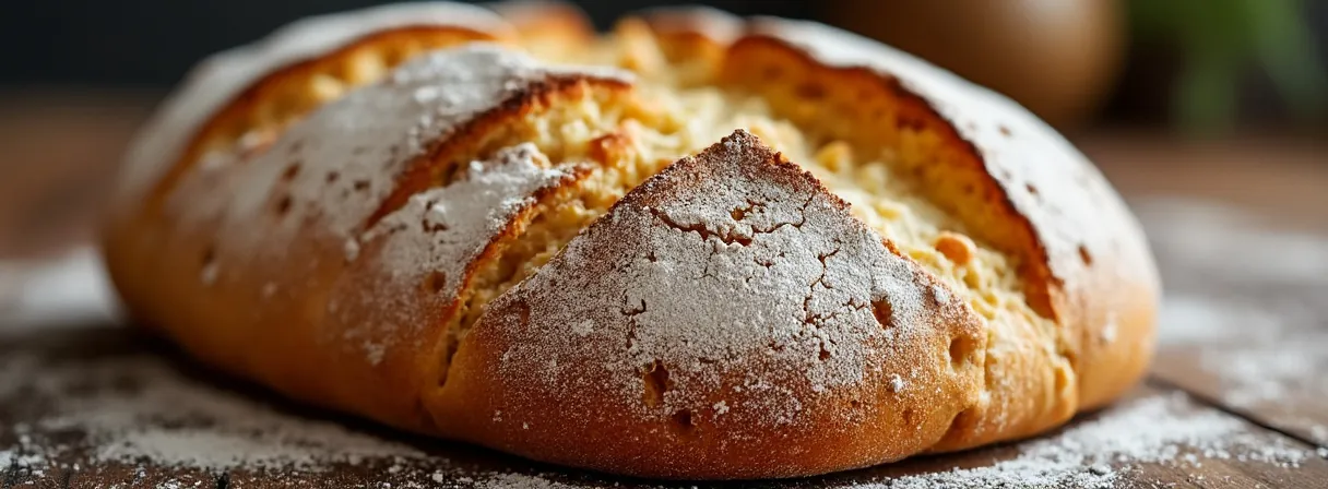 Nahaufnahme einer goldbraunen, rissigen Brotkruste mit Mehlstaub