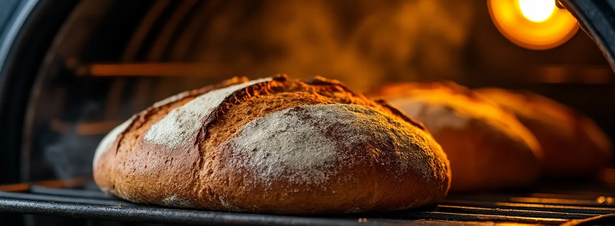 Krustiges Brot bäckt im Ofen mit sichtbarem Dampf