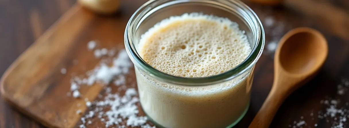 Blubberndes aktives Sauerteig-Anstellgut in einem Glas mit Holzlöffel